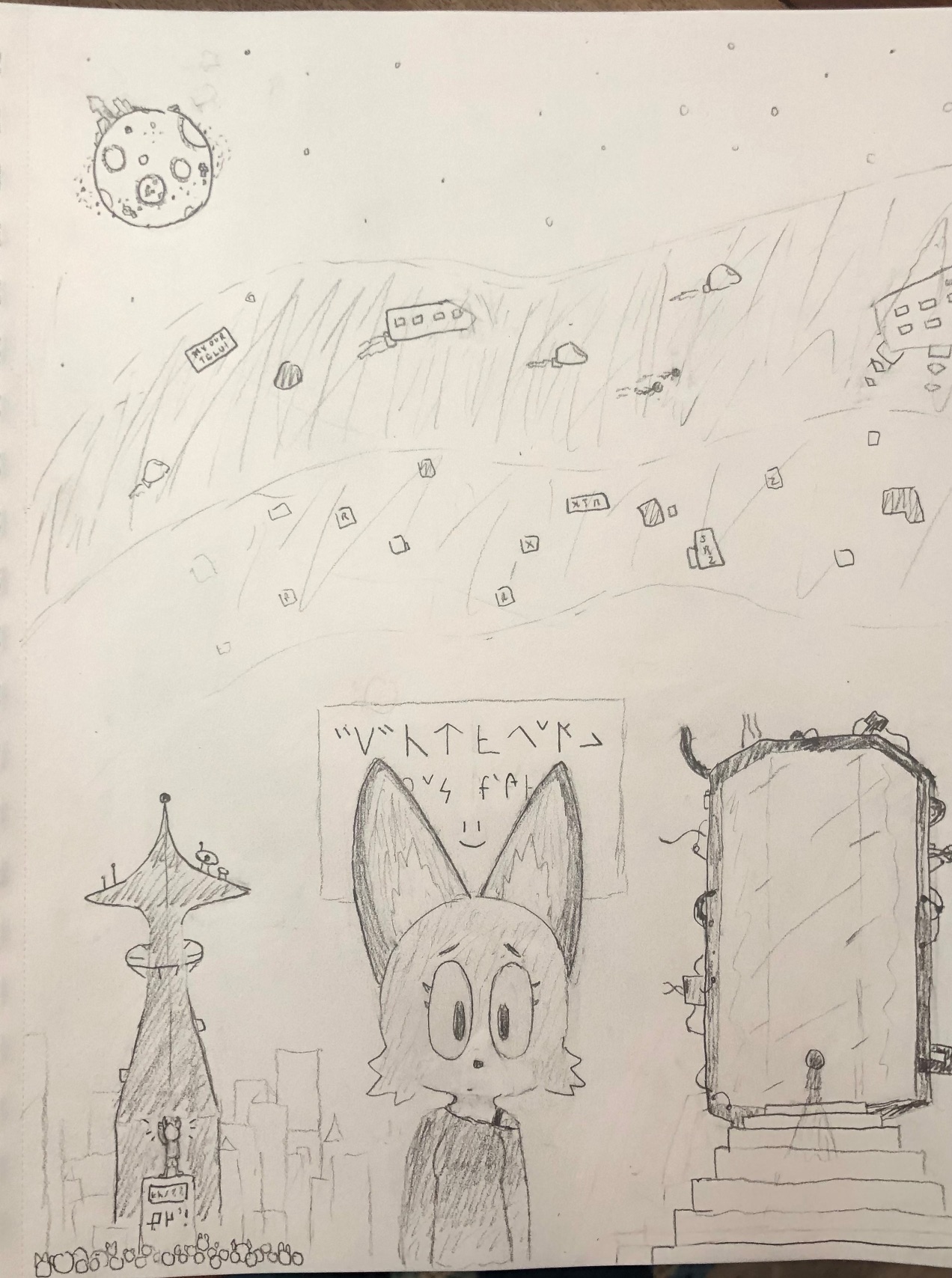 a pencil drawing of a female anthropomorphic red fox looking tiredly at the viewer. to her left is a crowd of anthros protesting in front of a skyscraper, and to her right is what looks like a portal opening to show a silhouetted figure. above her, stars dot the night sky, and several hover cars are flying.