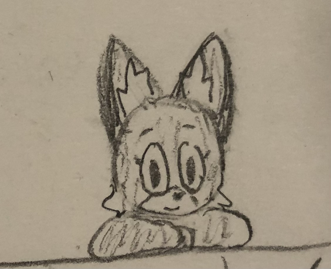 a pencil drawing of a female anthropomorphic red fox, with her head propped up by her right hand on a surface. shes smiling but its a little shaky.