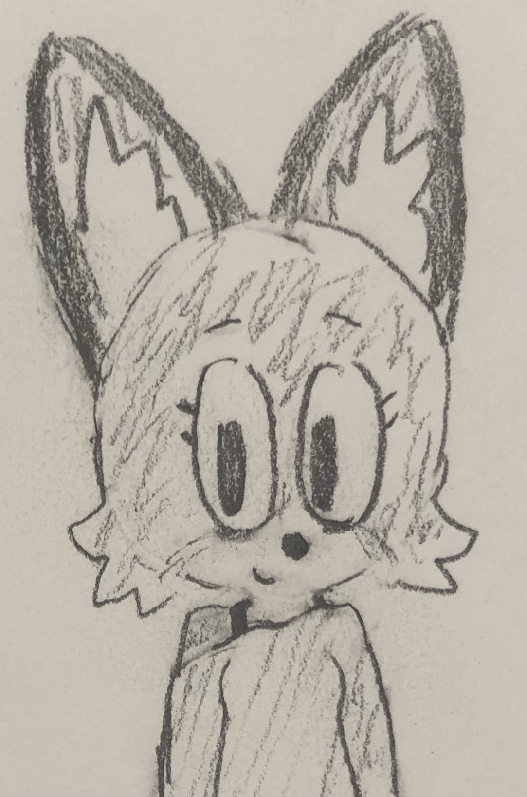 a pencil drawing of a female anthropomorphic red fox. she has small bags under her eyes but is smiling nonetheless.