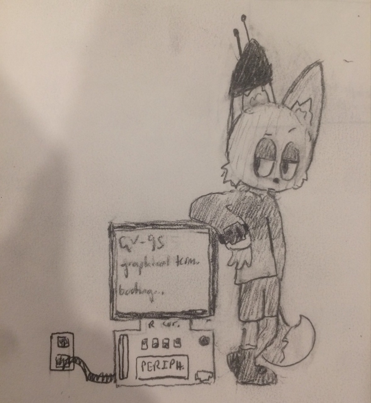 a pencil drawing of a female anthropomorphic red fox, leaning against a desktop computer and looking bored.