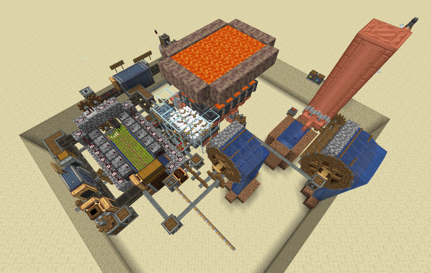 birds eye view of a create mod contraption, featuring a chicken farm, sugar cane farm, and lava farm, which eventually leads into nine blaze burners.