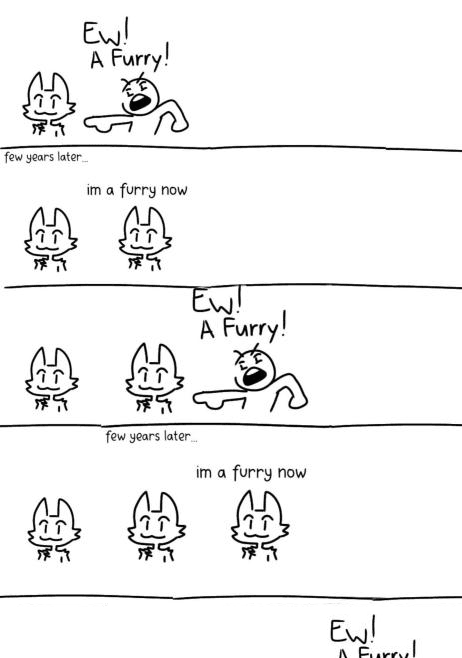 a digital comic with several panels arranged vertically. a furry stands to the left, and a human points at the furry and says ew,