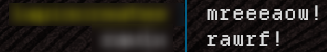 screenshot of weechat IRC client, with one user saying 'mreeeaow!' and another responding 'rawrf!'