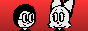 Pixel art of a male human wearing glasses and a female anthropomorphic red fox looking at one another, in front of a red light-to-dark gradient background.