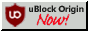 the uBlock Origin extension logo, with the text uBlock Origin now!