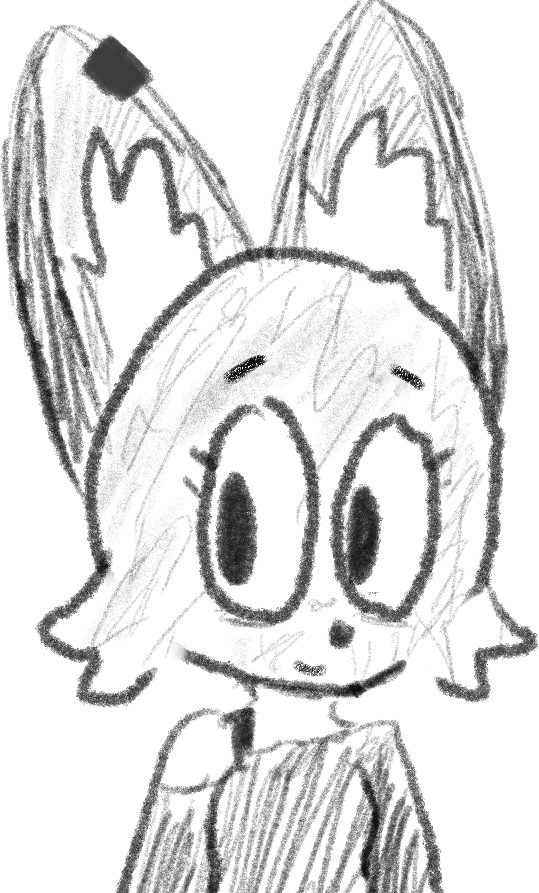 pencil sketch drawing of an anthropomorphic red fox, with bags under her eyes. she is smiling at the wolf.